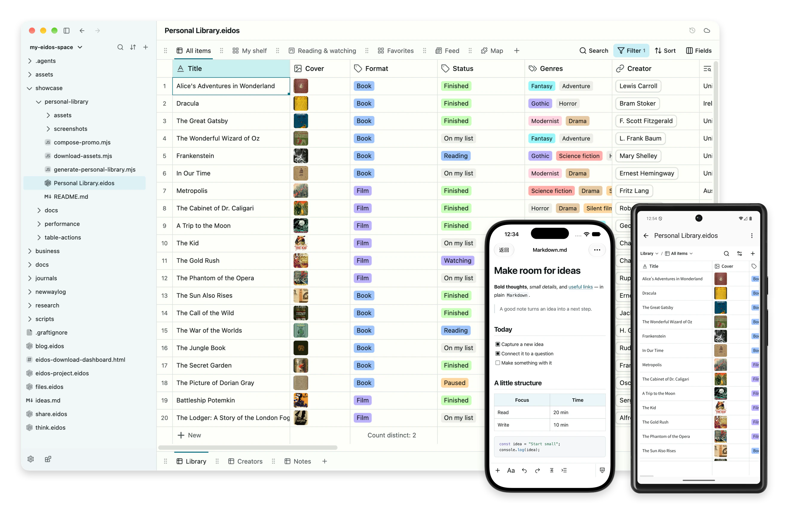 A personal library in Eidos on desktop, Android, and iOS