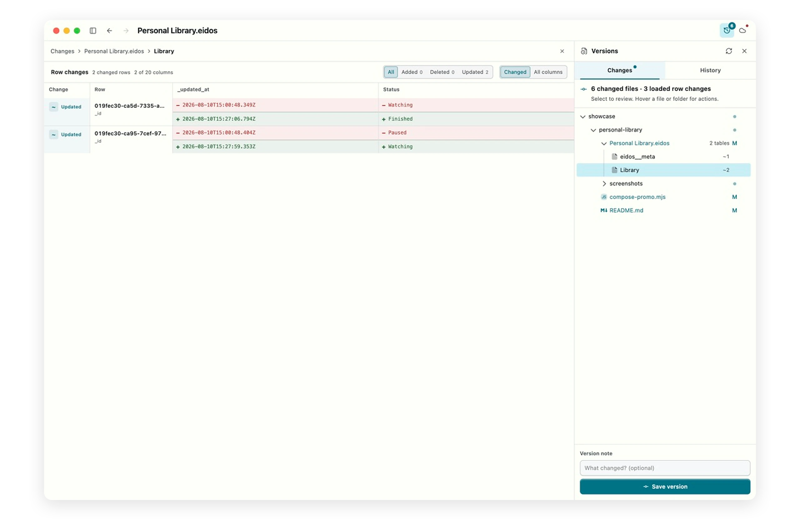 Eidos Lite showing changed files and row-level before-and-after values in local SQLite version history