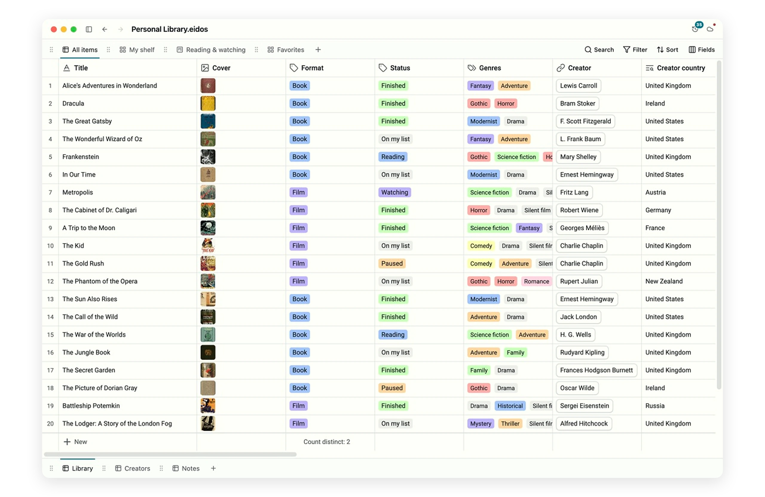 Eidos Lite Grid view showing a personal library with twenty visible rows, typed fields, and relations