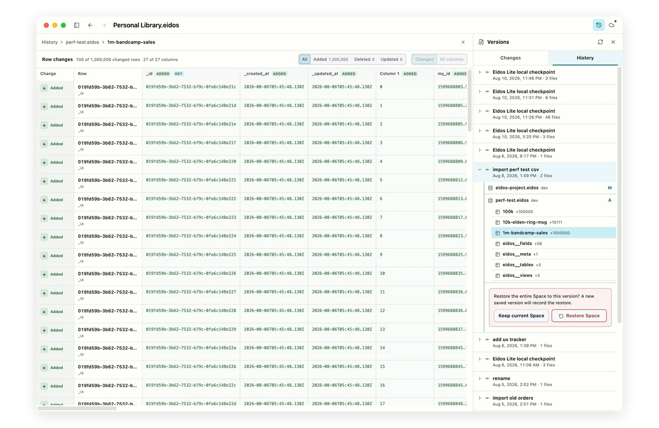 Eidos Lite History showing an import commit expanded to a one-million-row table change, concrete row-level details, and whole-Space restore controls