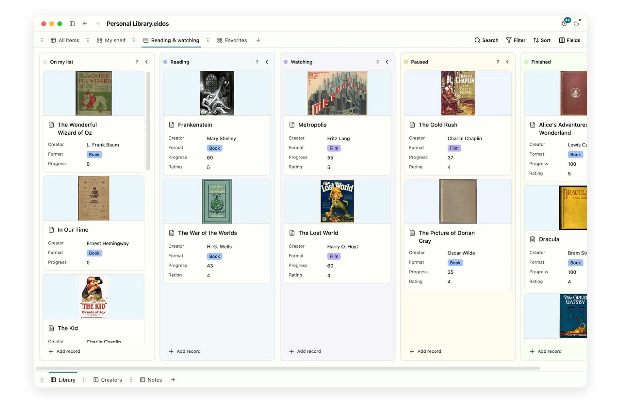 Eidos Lite Kanban view grouping books and films by reading and watching status