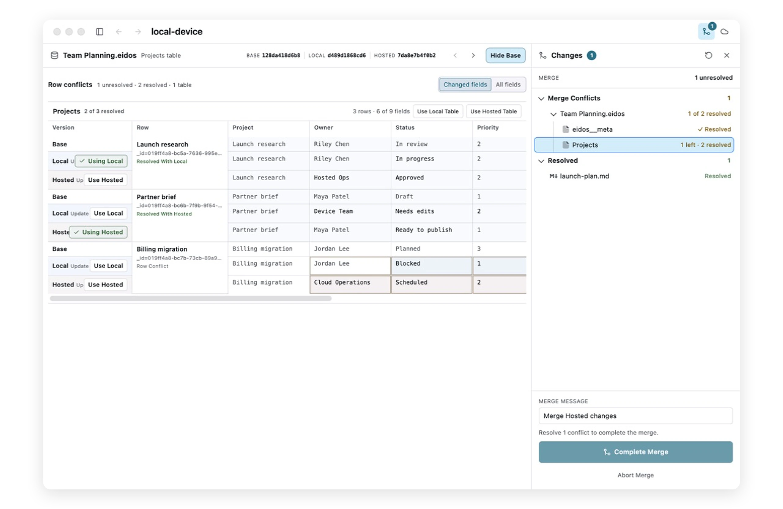 Eidos Lite merge review showing two resolved table rows, one remaining row conflict, and a resolved document